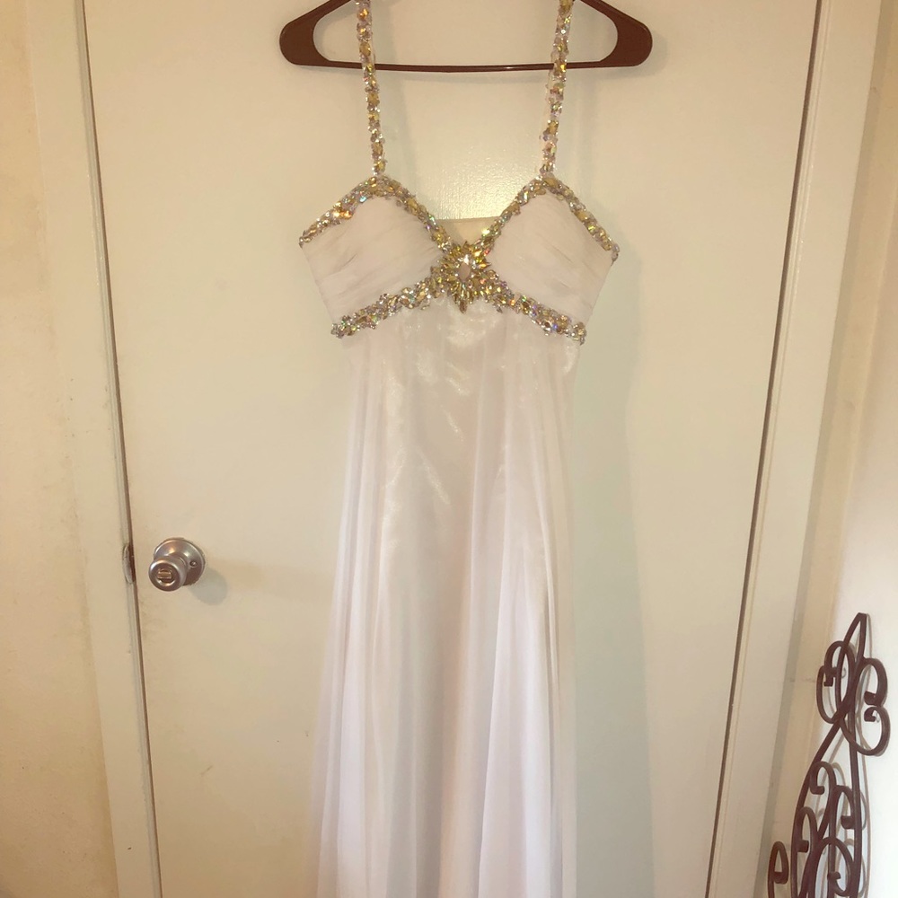 White and silver formal gown